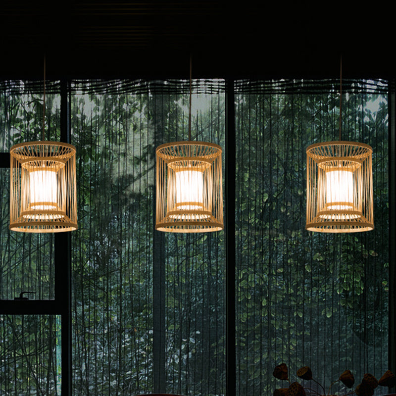 Bamboo Japanese Hanging Light - 1 Bulb Cylindrical Wood Pendant Fixture (12/16 Wide) / 12