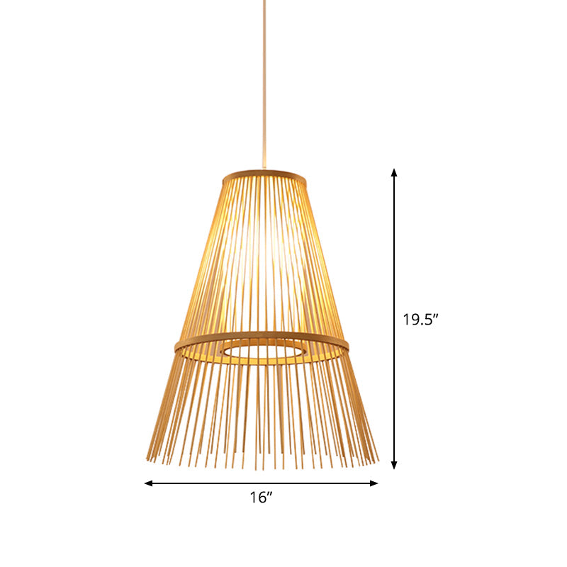 1-Bulb Asian Hanging Lamp With Beige Tapered Bamboo Shade - Pendant Lighting Fixture