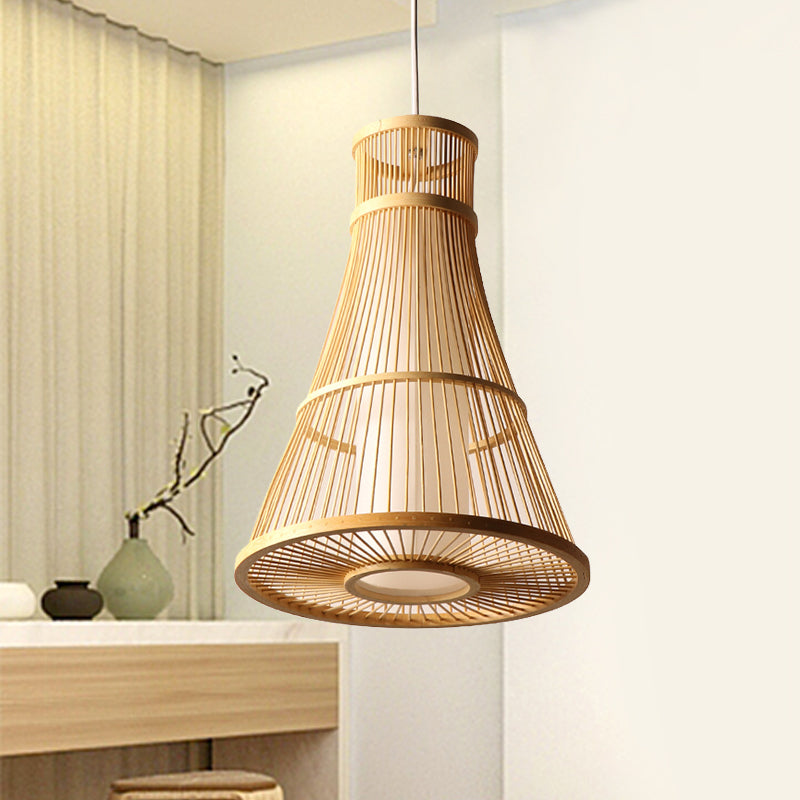Suspended Asia Bamboo Trumpet Hanging Light Fixture In Beige - Ideal For Restaurants