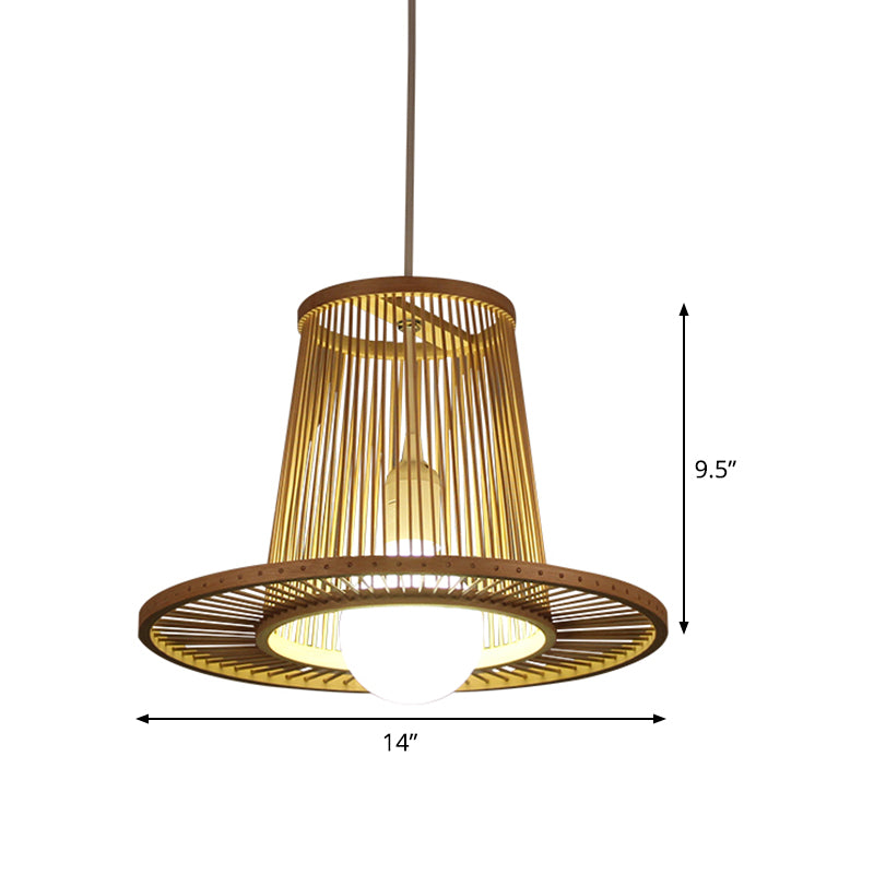 Bamboo Flare Pendant Lighting - Chinese 1-Bulb Hanging Light Fixture In Wood For Bedroom