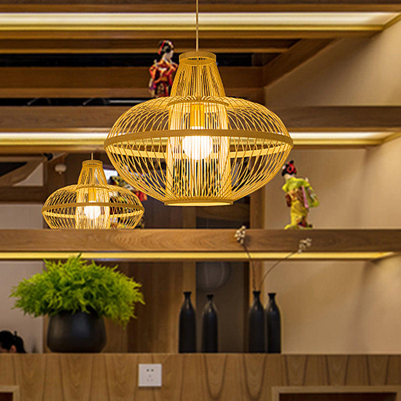 Restaurant Pendant Lamp With Bamboo Shade - Asia Wood Hanging Ceiling Light