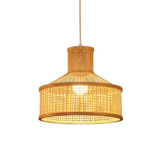 Bamboo Shade Pendant Lamp: Chinese Hand Woven Hanging Light Fixture In Beige