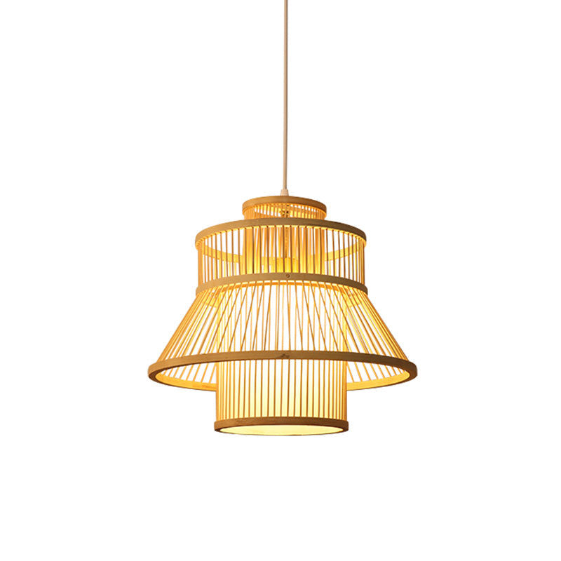 Chinese Bamboo Hanging Light: Flared Wood Design With 1 Bulb For Tearoom