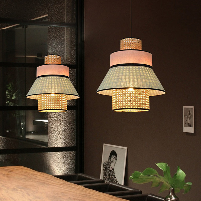 Chinese Bamboo Hanging Lamp Ceiling Pendant Light In Pink/Green - Conical Design 1 Bulb