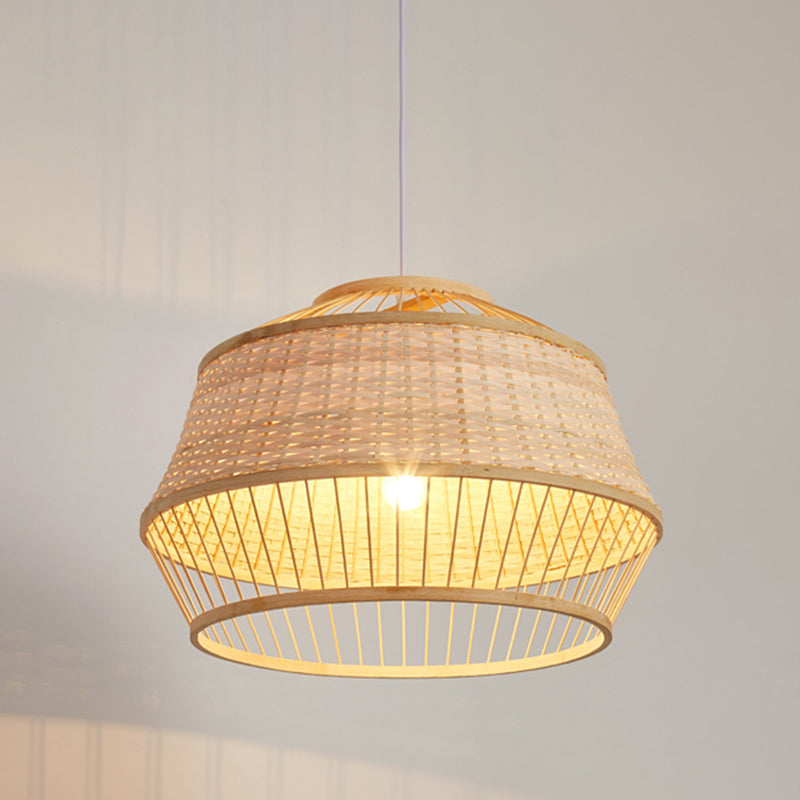 Handcrafted Japanese Bamboo Pendant Ceiling Lamp In Beige