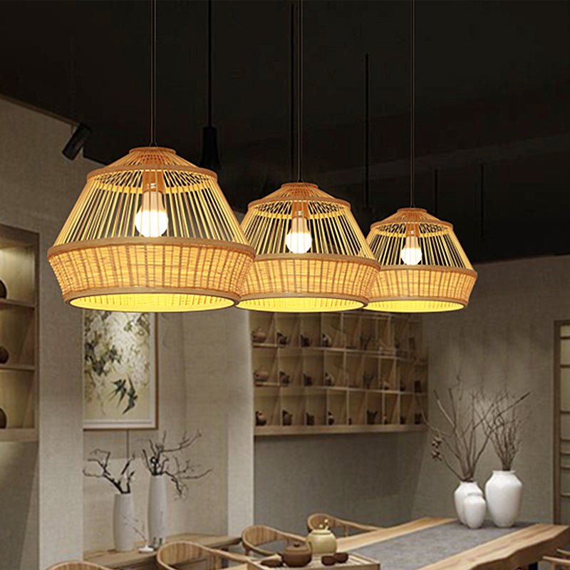 Asian-Inspired Teahouse Pendant Light With Basket Bamboo Shade Beige