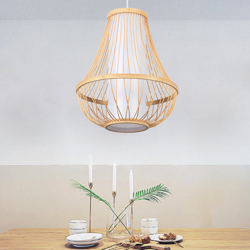 Japanese Bamboo Teardrop Ceiling Light - Elegant Wood Pendant Fixture With Tubular White Parchment
