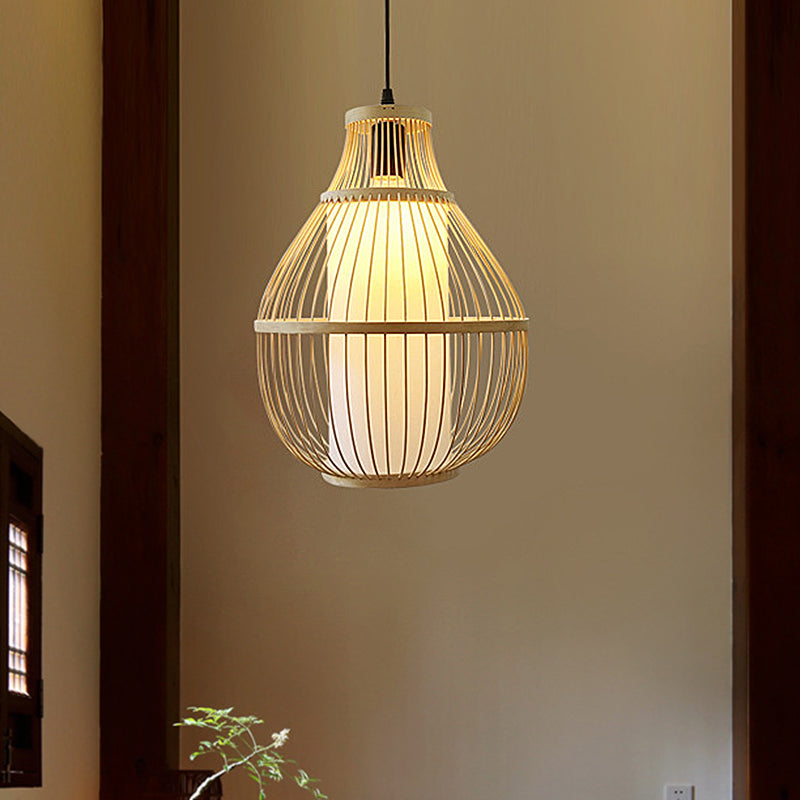 Chinese Bamboo 1-Head Pendant Light For Dining Room In Beige Pear