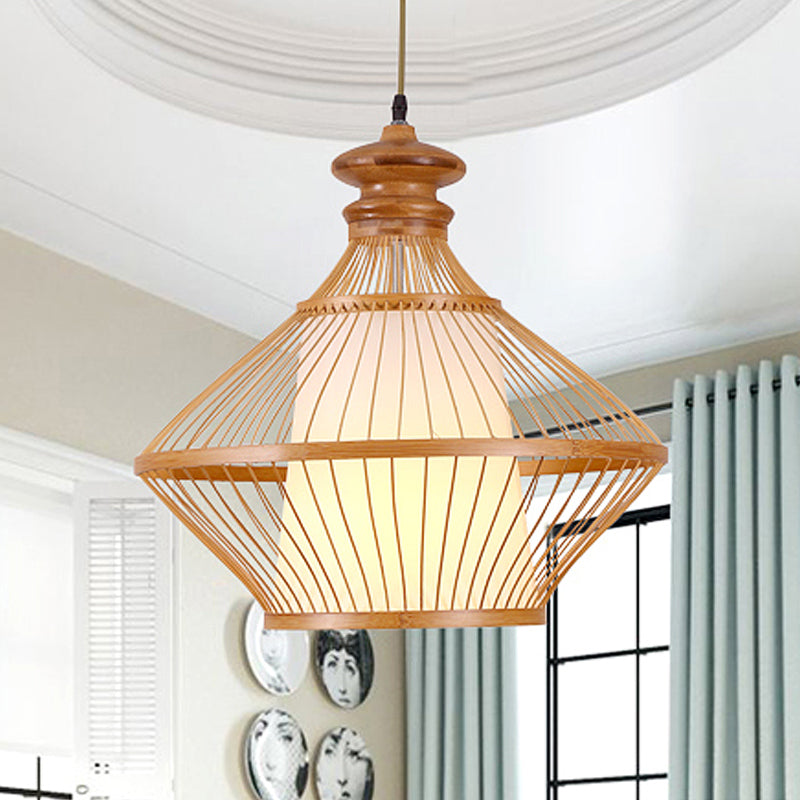 Bamboo Urn Ceiling Lamp: Japanese Hanging Pendant Light In Beige With Tapered White Parchment Shade