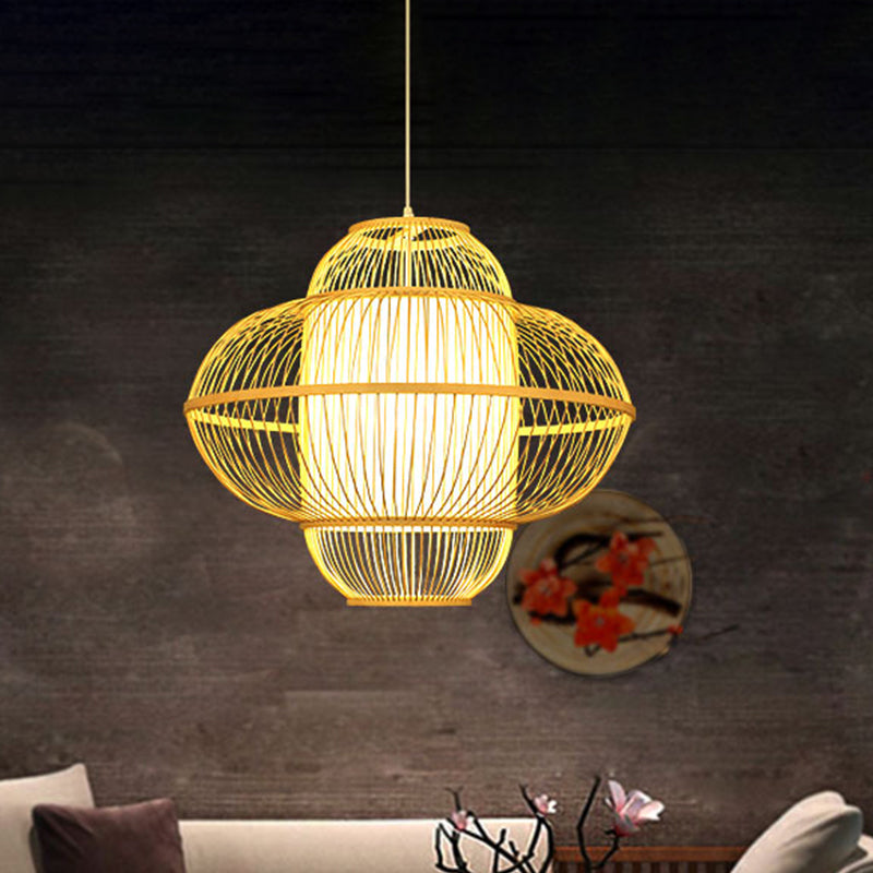 Bamboo Lantern Pendant Lamp - Beige Hanging Ceiling Light 18/23.5 Wide