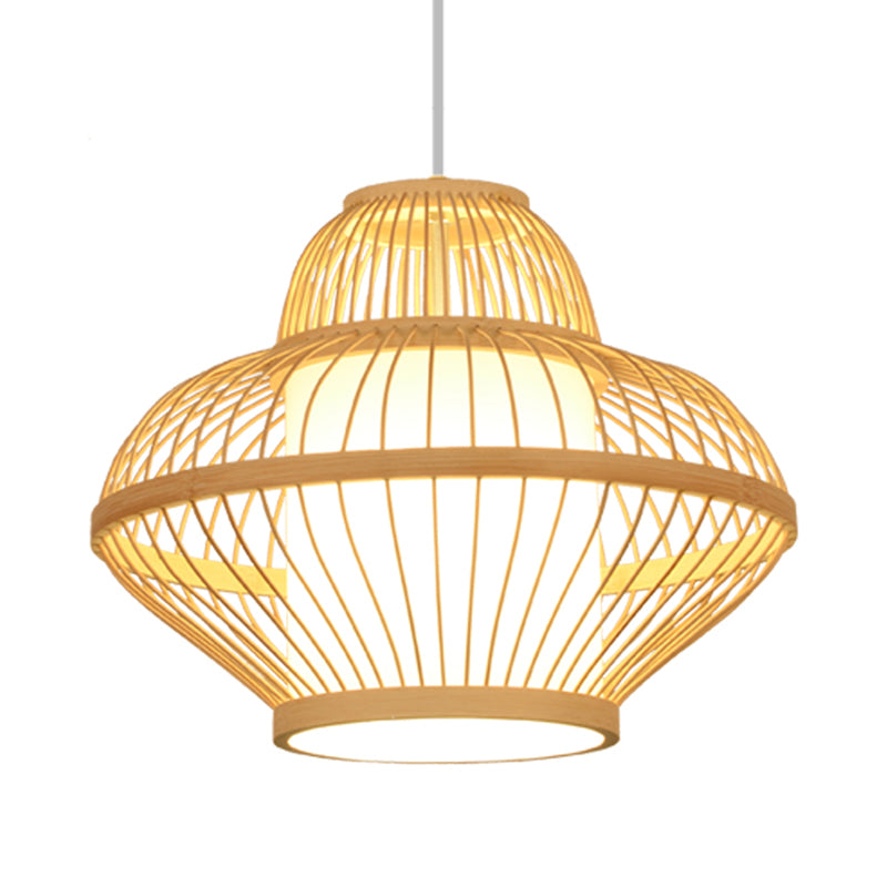 Teahouse Pendant Light - Asia Wood Ceiling Lamp With Curved Bamboo Shade