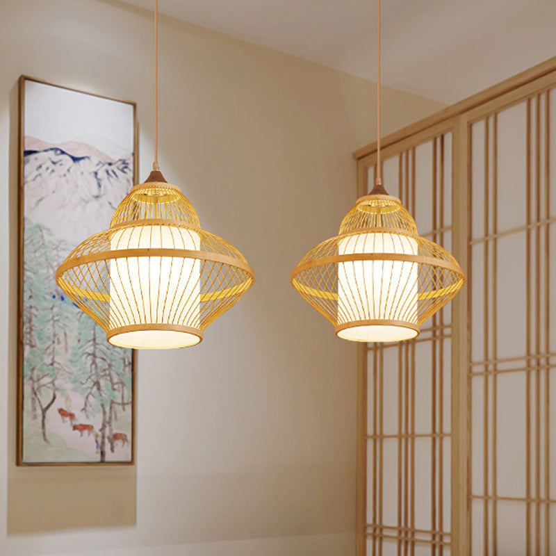 Curvy Bamboo Pendant Light - Japanese Inspired 14/17 Wide Wood Ceiling Hanging 1 Bulb