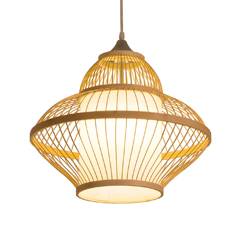 Curvy Bamboo Pendant Light - Japanese Inspired 14/17 Wide Wood Ceiling Hanging 1 Bulb