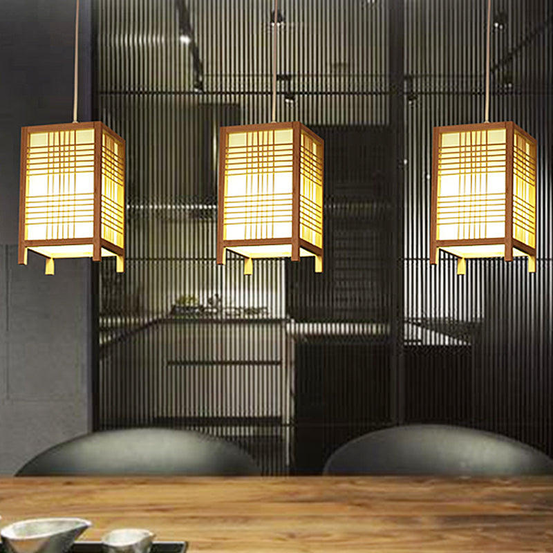 Rectangular Chinese Pendant Ceiling Light In Beige For Tearoom - Wood Finish 1-Bulb Hanging Design