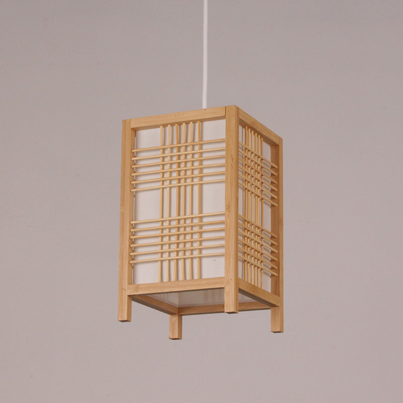 Rectangular Chinese Pendant Ceiling Light In Beige For Tearoom - Wood Finish 1-Bulb Hanging Design