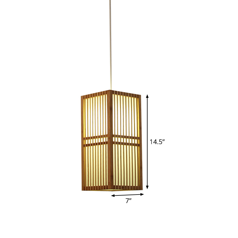 Asia Wood Suspended Hanging Light With Adjustable Cord - 1 Bulb Beige Lighting Fixture