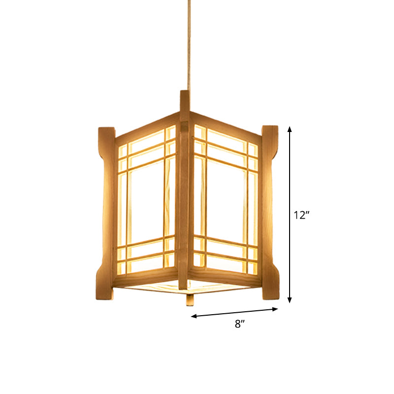 Chinese Wood Tower Pendant Light In Beige - Restaurant Hanging Lamp