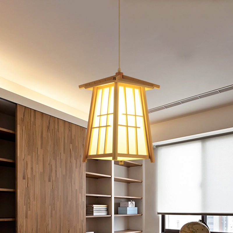 Japanese Style Beige Wood Ceiling Lamp For Restaurants - Tower Pendant Lighting