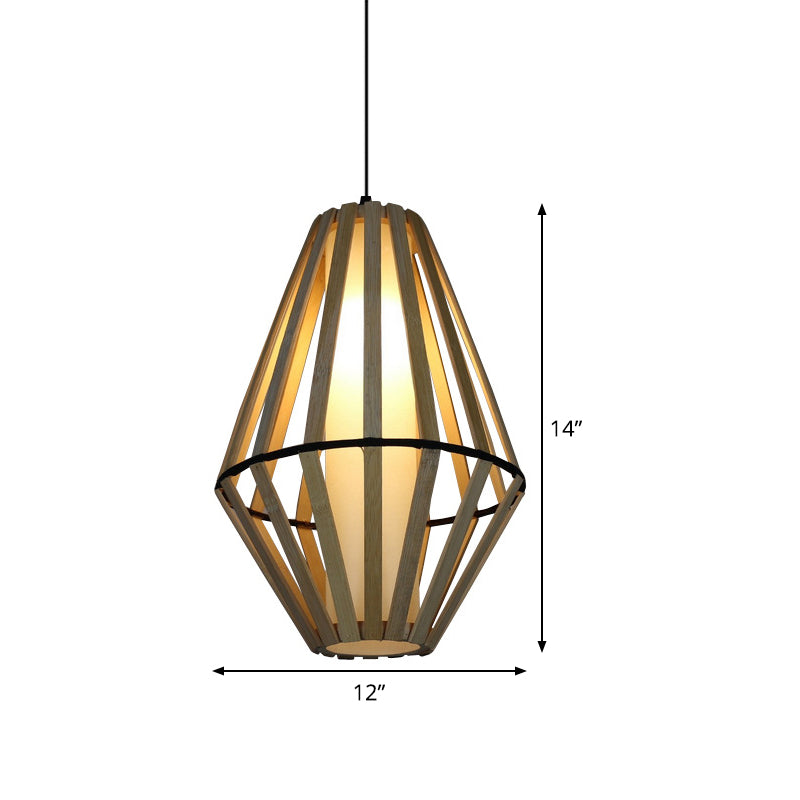 Asia Wood Cone Hanging Lamp - Brown Ceiling Pendant Light With White Parchment Inner Tube Shade