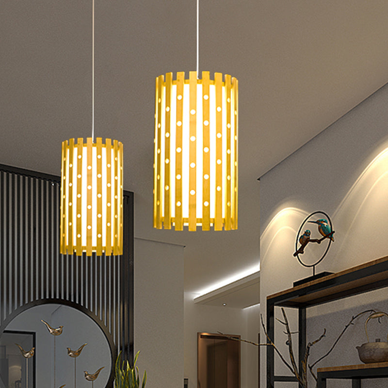 Cylindrical Pendant Lighting: Japanese Wood Hanging Light Fixture Beige 1 Bulb