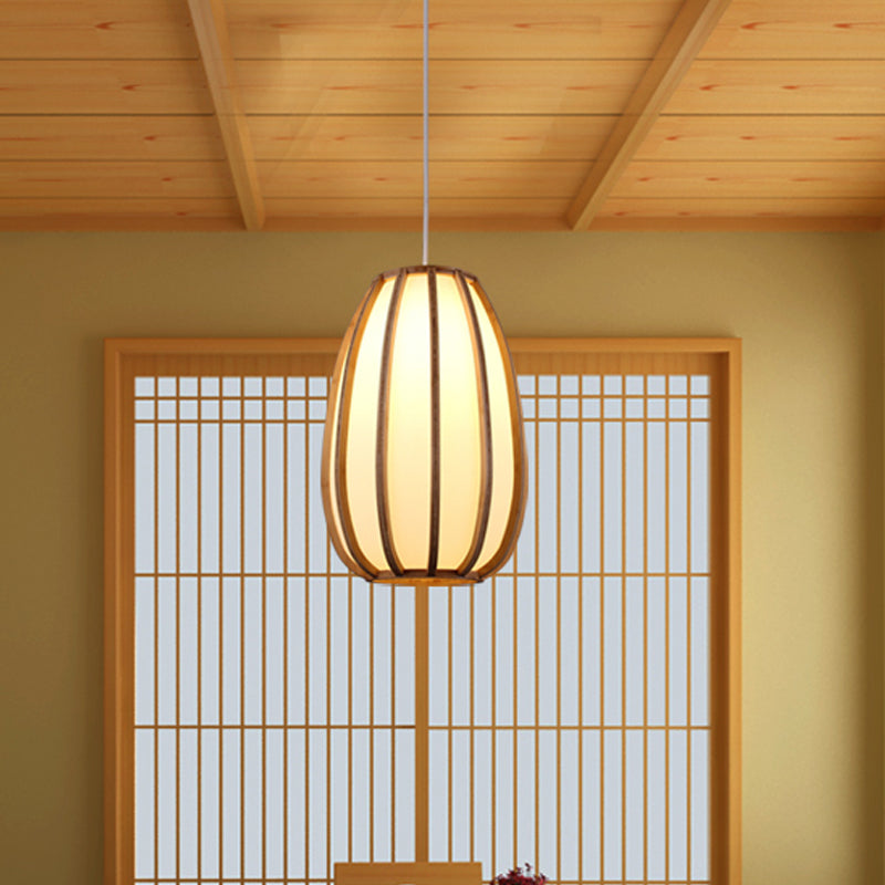 Beige Teardrop Hanging Light - Asian Wood Pendant For Dining Room 1 Bulb Fixture