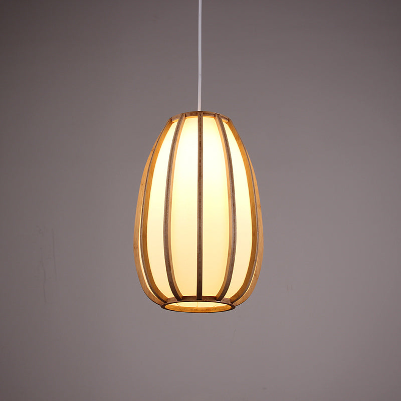 Beige Teardrop Hanging Light - Asian Wood Pendant For Dining Room 1 Bulb Fixture