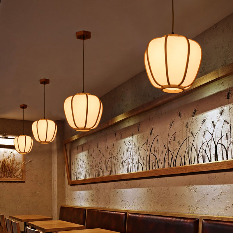 Asian Beige Hanging Pendant Light With Lantern Wood Shade For Restaurants