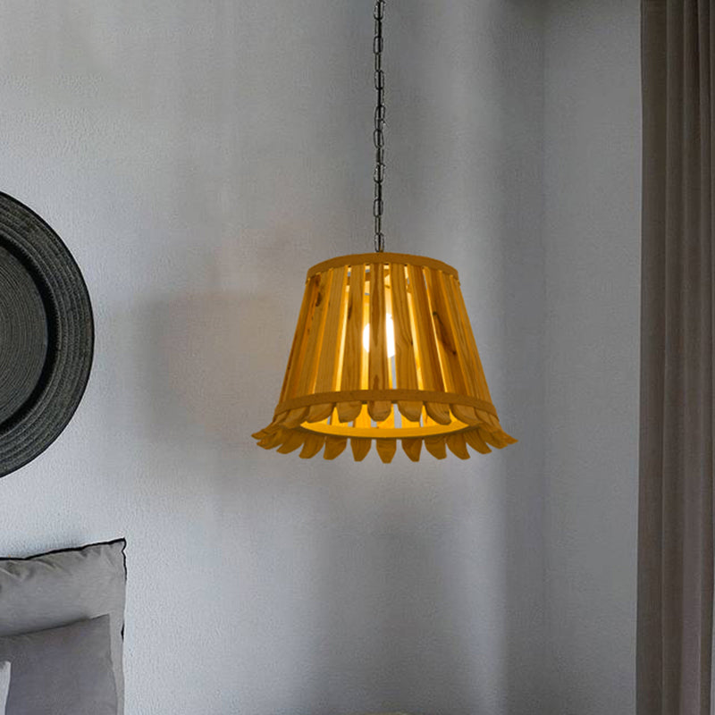 Japanese Wood Pendant Light With Trumpet Design - Beige Bedroom Lighting