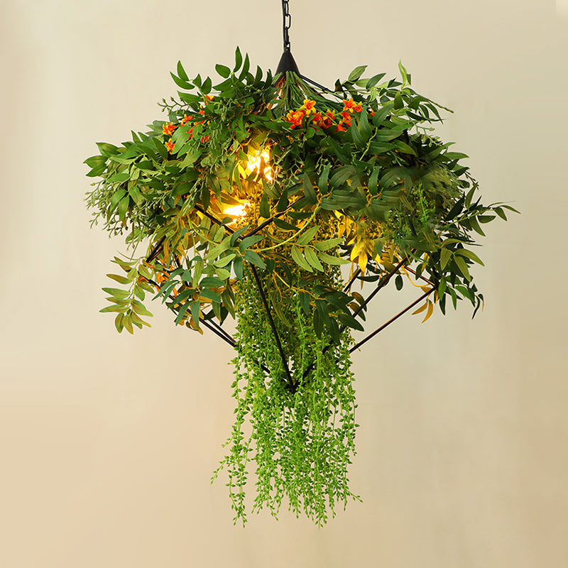 Green Metal LED Chandelier with 3 Bulbs - Industrial Suspension Lighting