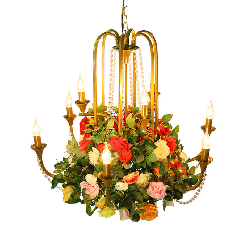 Gold Industrial Metal Chandelier With Rose Decor - Candle Restaurant Pendant Light (9 Bulbs)