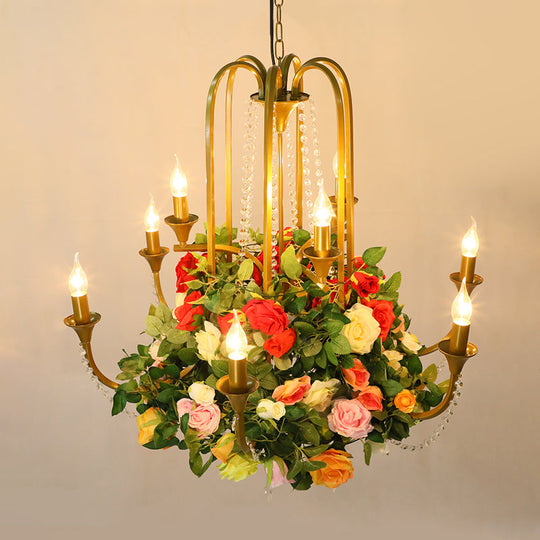 Gold Metal 9-Bulb Chandelier with Rose Decor - Perfect for Restaurant Lighting