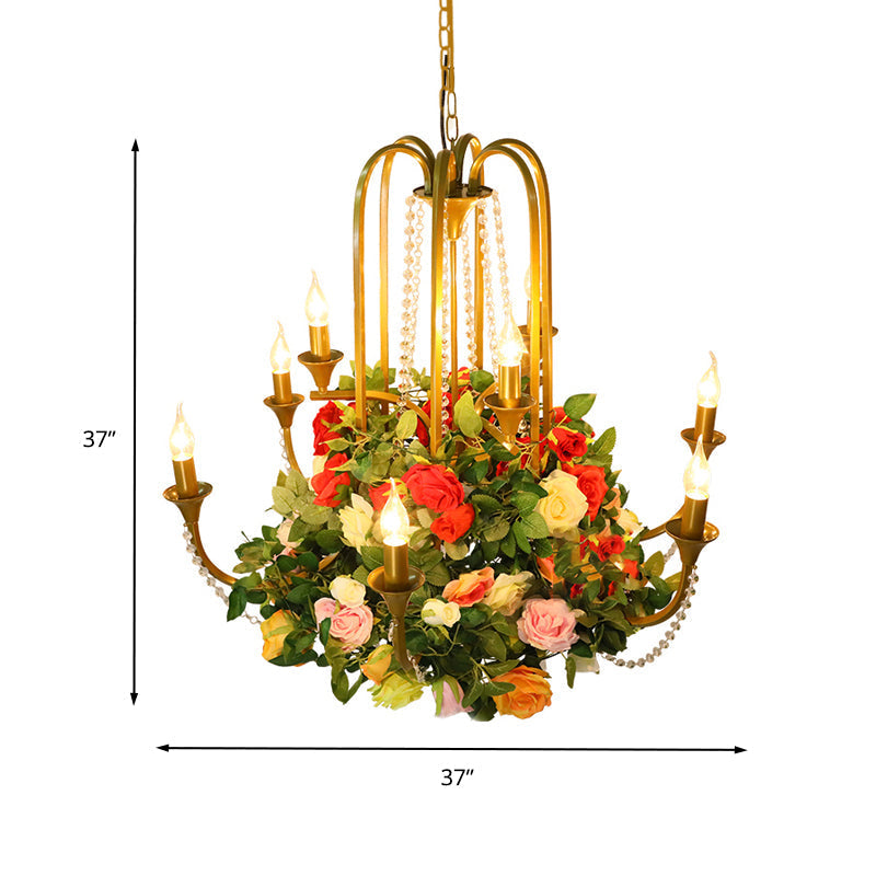 Gold Industrial Metal Chandelier With Rose Decor - Candle Restaurant Pendant Light (9 Bulbs)