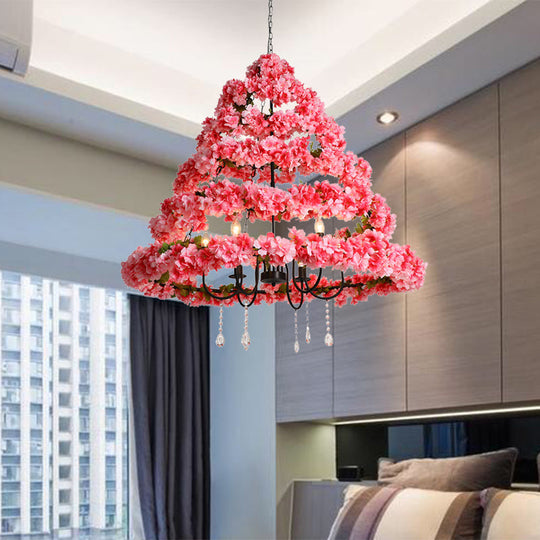 Cherry Blossom Chandelier: Industrial Metal 5-Bulb Pink Hanging Lamp with Crystal, 31.5"/43" Width