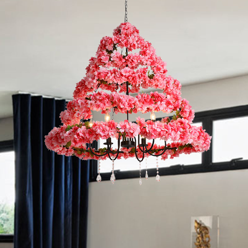 Cherry Blossom Chandelier: Industrial Metal Pink Hanging Lamp With Crystal 5 Bulbs 31.5/43 Width