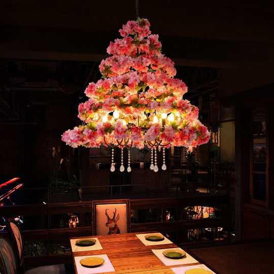 Metal Black Chandelier With Cherry Blossom Design And Crystal Draping - 6 Lights Retro Led Pendant