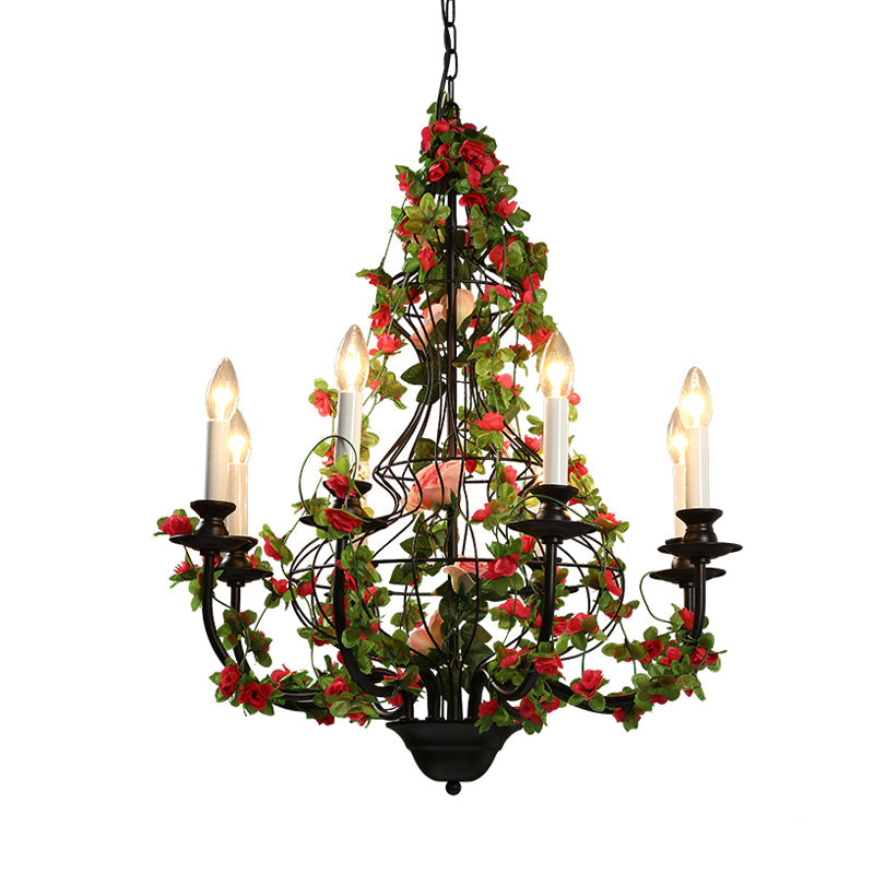 Industrial Metal Chandelier with 8 LED Lights for Restaurant - Black Finish with Flower Decor