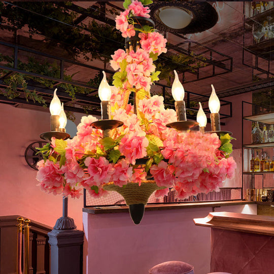 Vintage Metal Pink Candle Pendant Chandelier With Led Lights - 6 Bulb Restaurant Hanging Light And