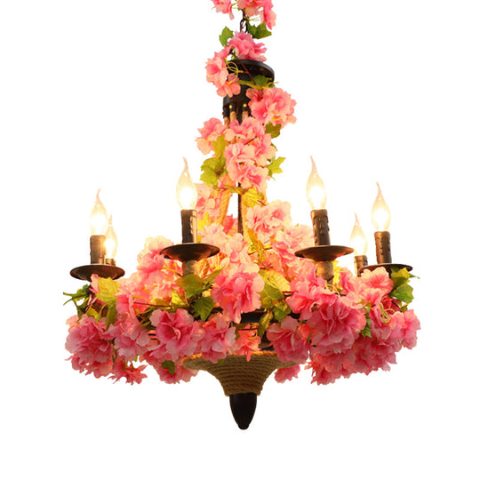 Retro Pink Candle Pendant Chandelier - Vintage Metal with LED Bulbs & Cherry Blossom Accents