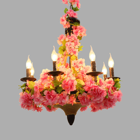 Vintage Metal Pink Candle Pendant Chandelier With Led Lights - 6 Bulb Restaurant Hanging Light And