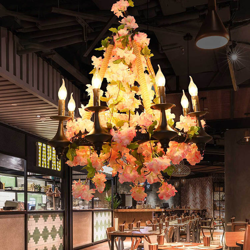 Antique Pink Metal Candle Chandelier - 6-Head LED Pendant Lamp with Cherry Blossom Design for Restaurants