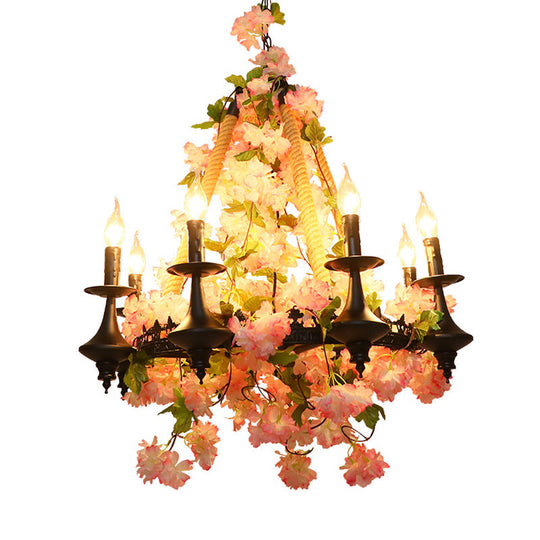 Metal Candle Chandelier Light Fixture - Antique Pink Led Pendant Lamp With Cherry Blossom Design