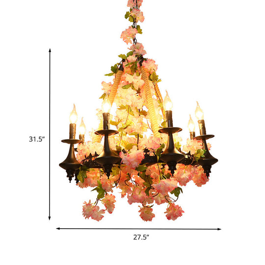 Metal Candle Chandelier Light Fixture - Antique Pink Led Pendant Lamp With Cherry Blossom Design