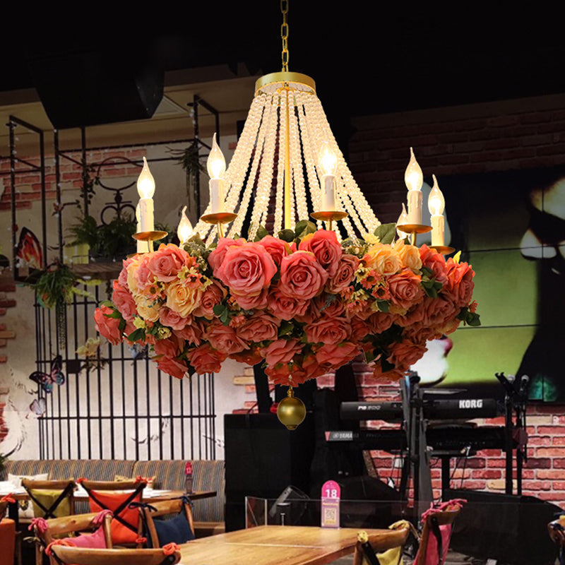 Vintage Rose Chandelier: 10-Bulb Metal Pendant Light in Pink - Ideal for Restaurants