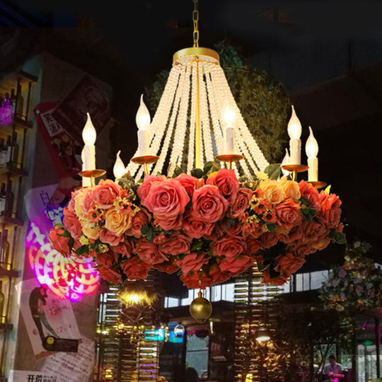 Vintage Rose Chandelier: 10-Bulb Metal Pendant Light in Pink - Ideal for Restaurants