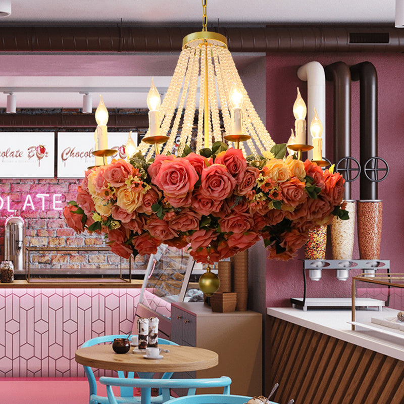 Vintage 10-Bulb Rose Metal Chandelier In Pink For Restaurants