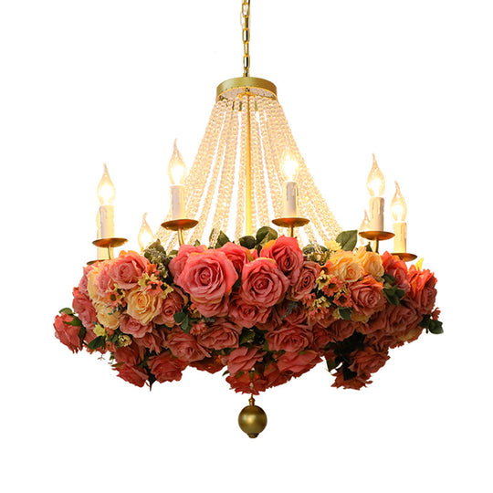 Vintage 10-Bulb Rose Metal Chandelier In Pink For Restaurants