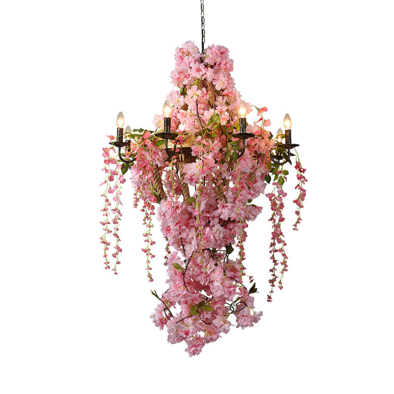 Industrial Metal Chandelier with Pink LED Flower Design - Candlestick Restaurant Light, 6/8 Bulbs