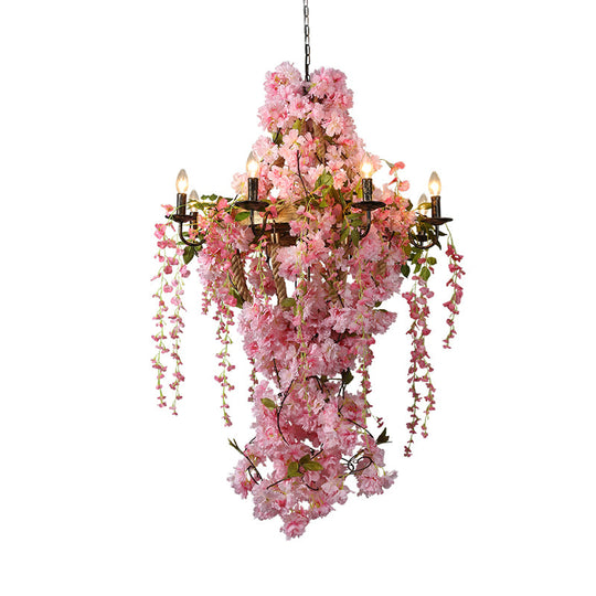 Industrial Metal Chandelier with Pink LED Flower Design - Candlestick Restaurant Light, 6/8 Bulbs