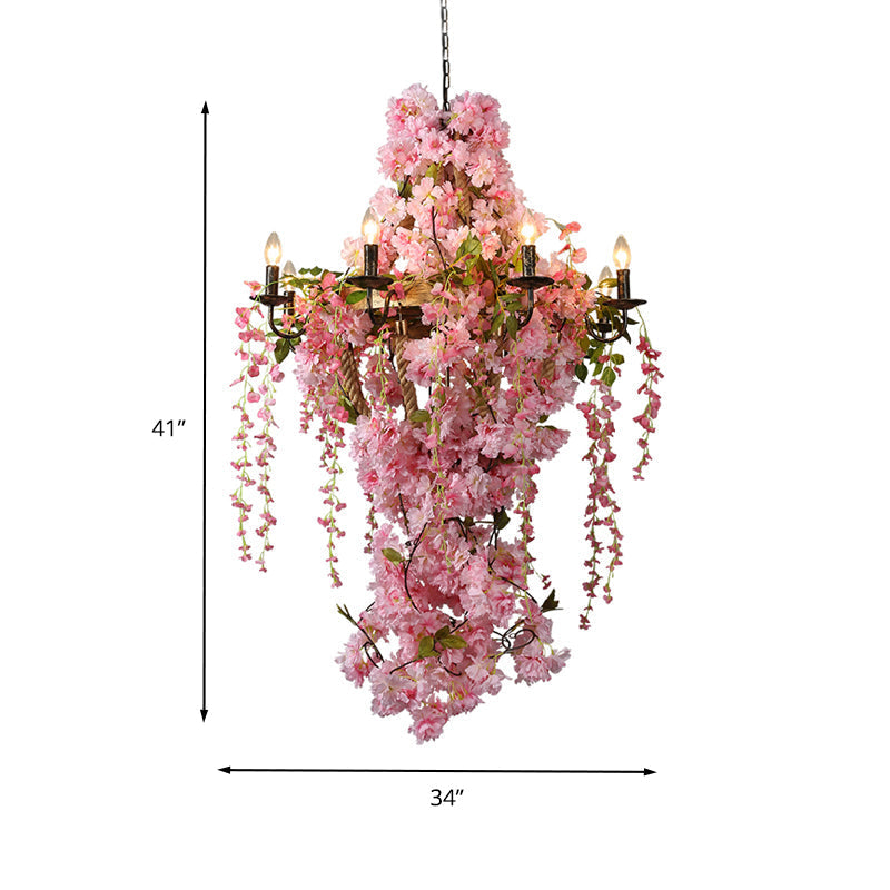 Pink Led Flower Candlestick Chandelier: Industrial Metal Hanging Lamp With 6/8 Bulbs