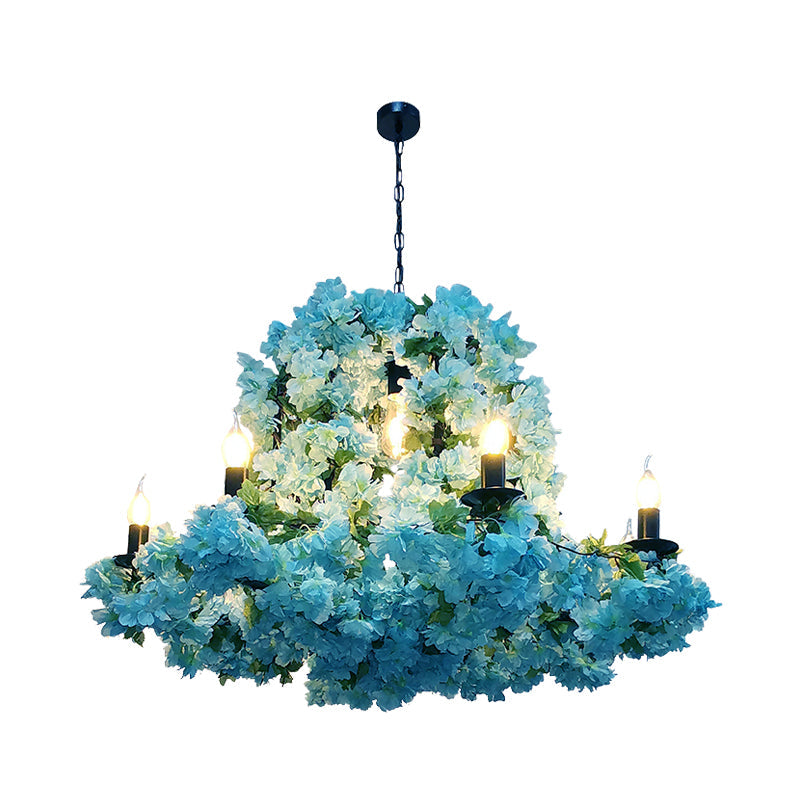 Blue Metal LED Suspension Candle Chandelier Light Fixture with Cherry Blossom - 6/8 Bulbs - Industrial Style